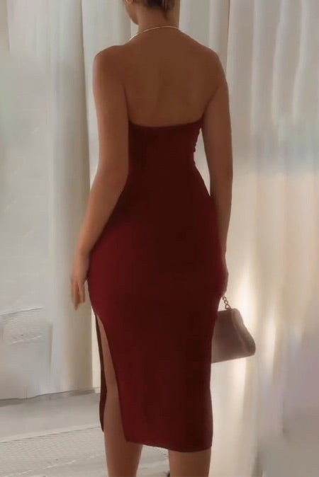 Solid color sleeveless round neck backless slit hip dress