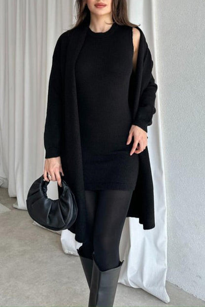 Solid color sleeveless round neck dress knitted cardigan two-piece set