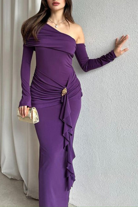 Long-sleeved slant collar lace exposed backpack hip slim dress