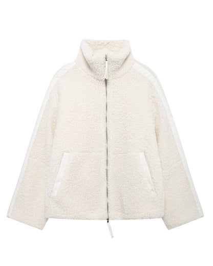 Loose stand-up collar double-ended zipper fleece cardigan jacket