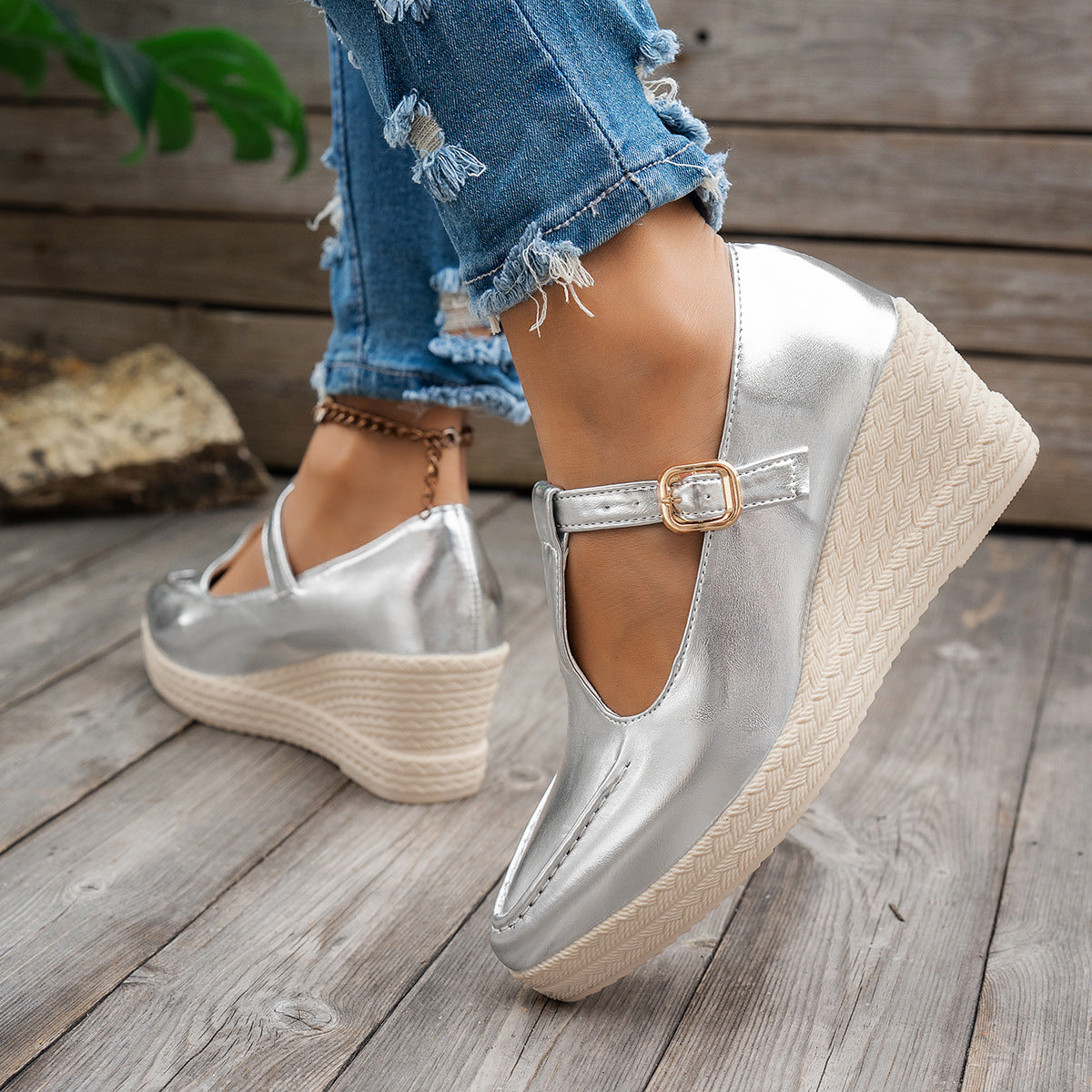 Metallic upper round toe T-strap wedge shoes