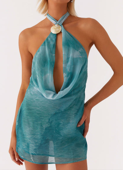 Ana Sofía Plunging Cowl Minidress – Green Tie Dye