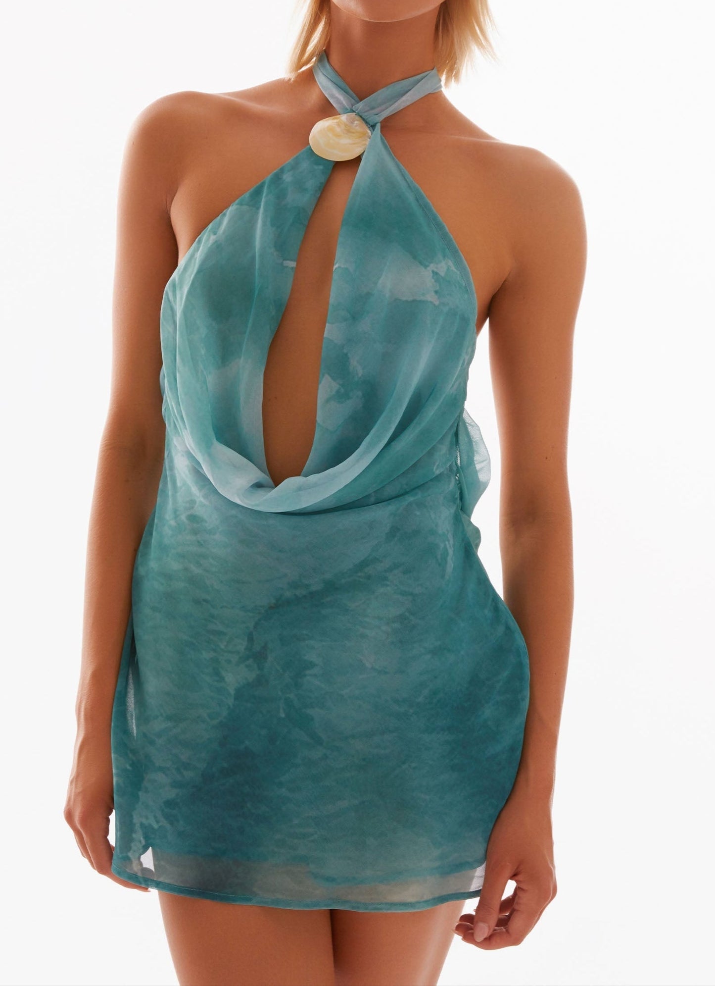 Ana Sofía Plunging Cowl Minidress – Green Tie Dye