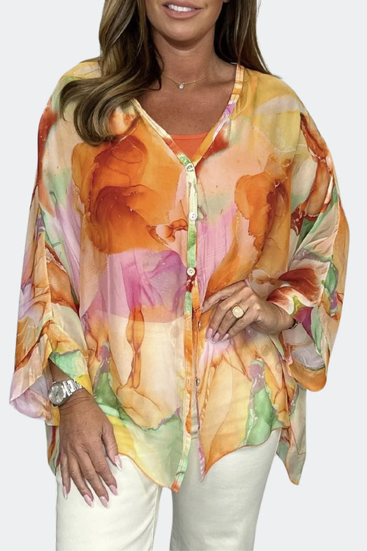 Colorful blouse with watercolor pattern and mother-of-pearl buttons - Fiona