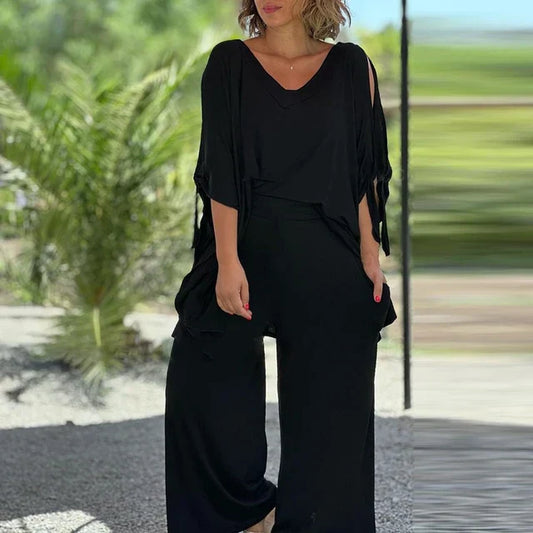 Black V-neck set with wide pants - Lisa