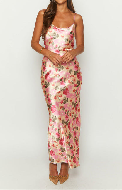 Lilla Maxi Kleid in Gelb mit Blumenprint aus Satin