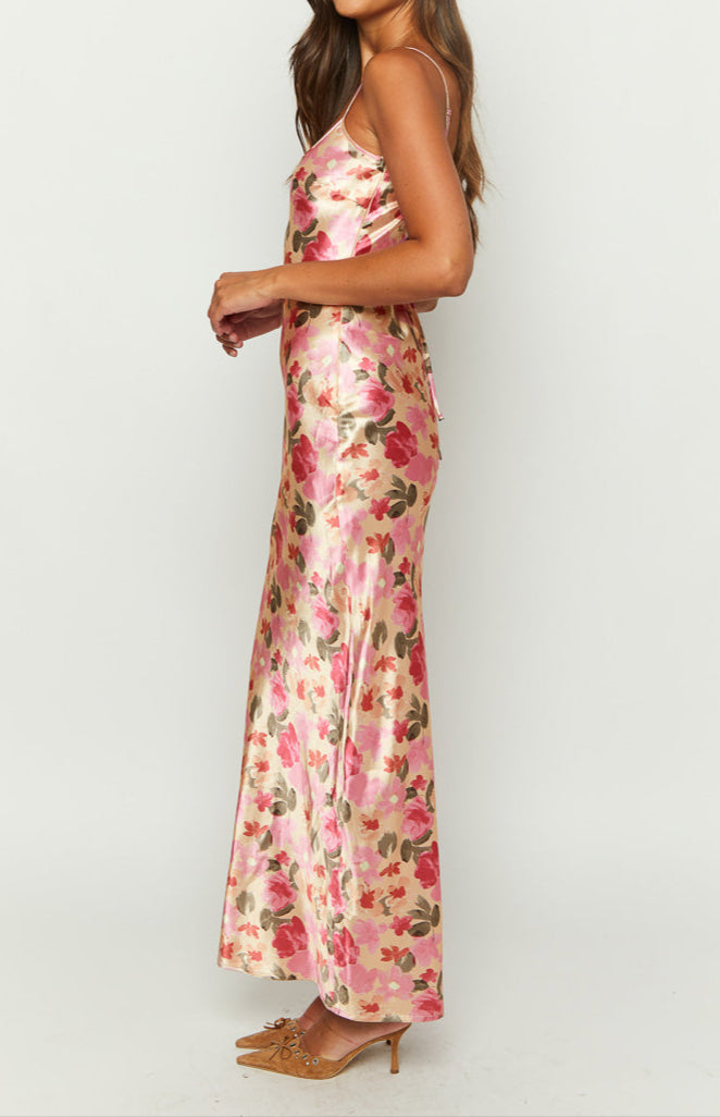 Lilla Maxi Kleid in Gelb mit Blumenprint aus Satin