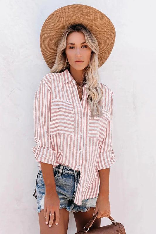 Pink and white striped shirt with breast pockets - Emma