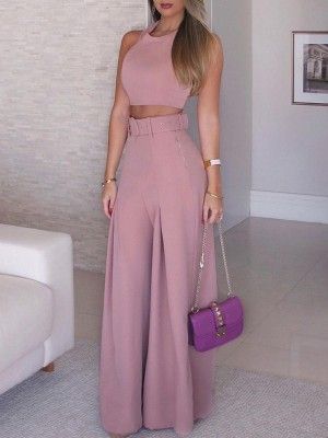 Hotlula Süße Einfachheit Mit Gürtel O Ausschnitt Ärmellos Zweiteilig