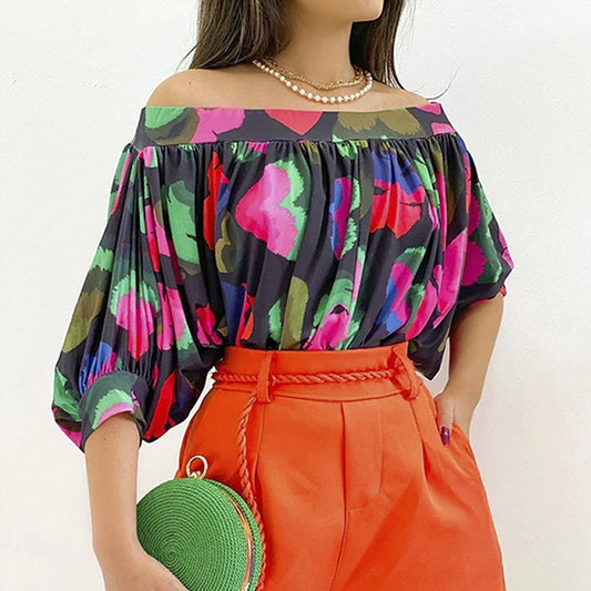 Schwarze Off-Shoulder Bluse mit farbigem Druck