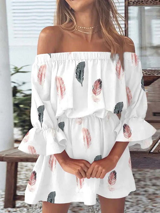 White off-shoulder dress with feather print - Sophie