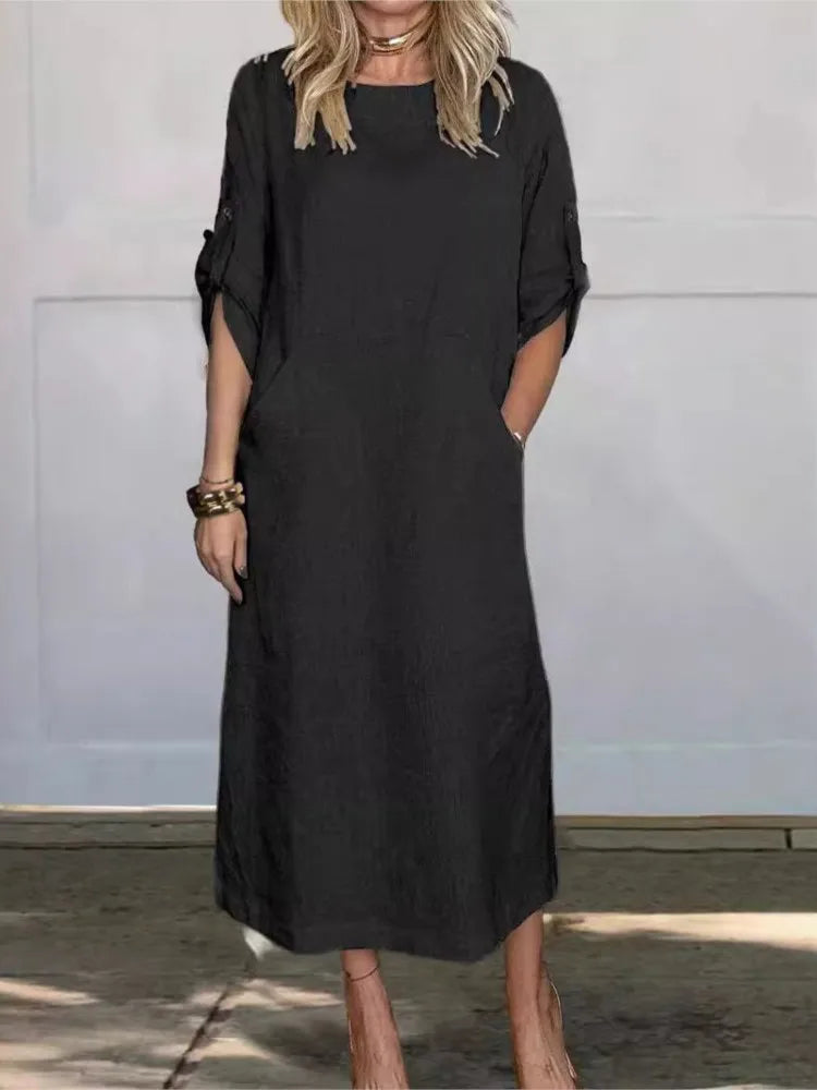 Kleid aus Baumwolle und Leinen 'Zoe' Schwarz