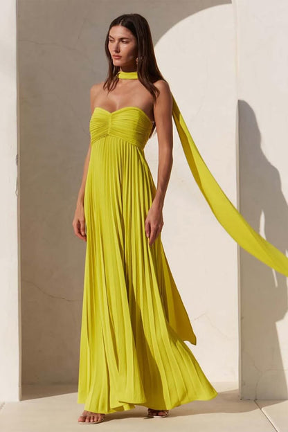 Lime Green Pleated Maxi Dress with Halter Neck for Women - Sabina