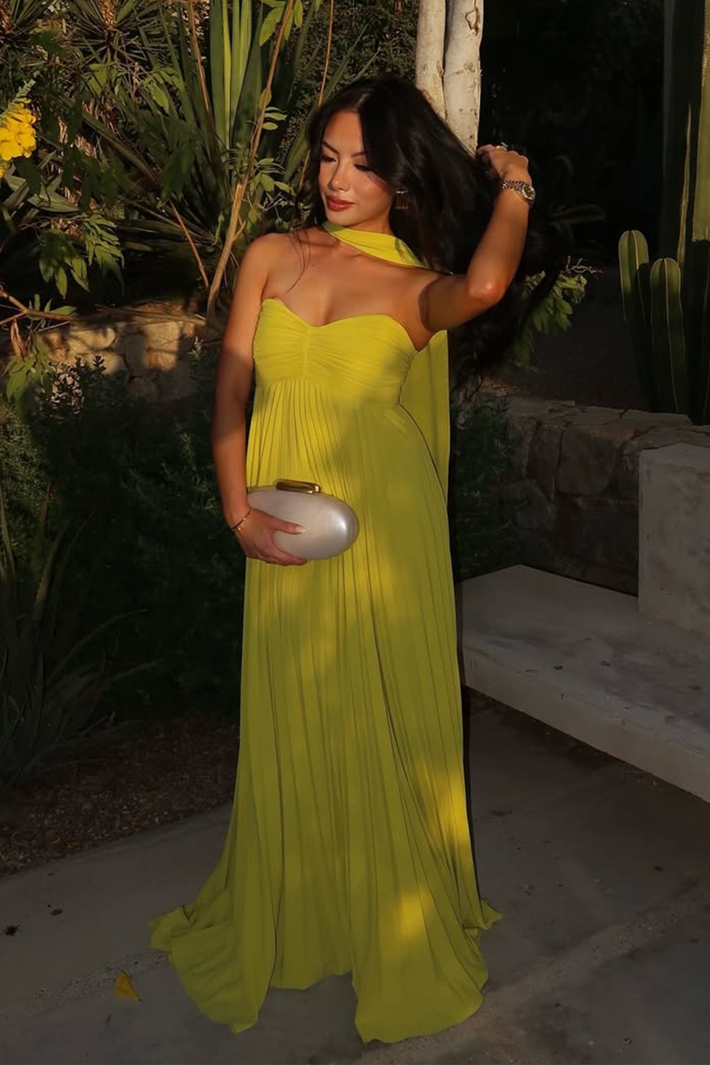 Lime Green Pleated Maxi Dress with Halter Neck for Women - Sabina