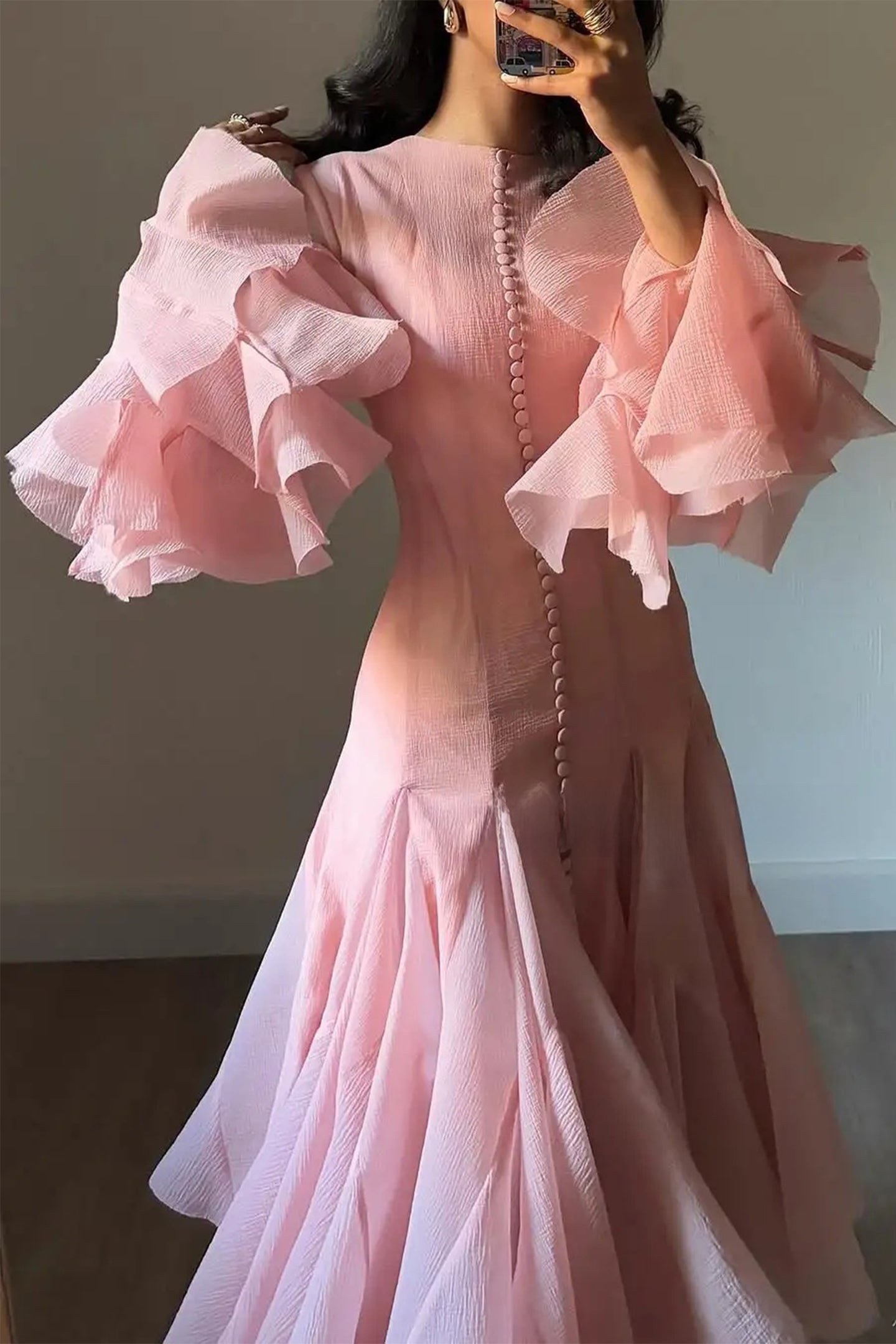 Blush Pink Ruffled Mini Dress with Button Detail for Women - Alessia