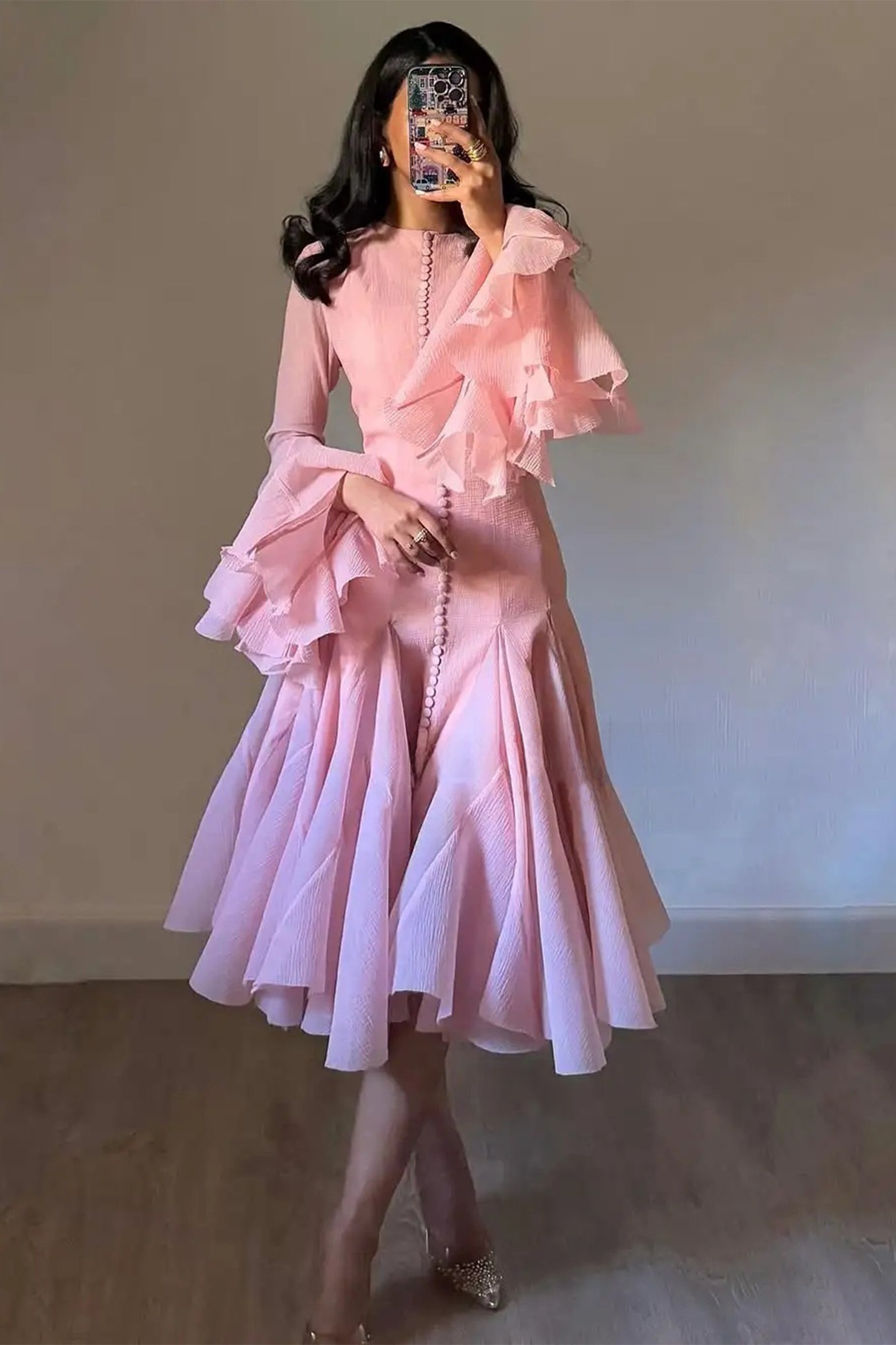 Blush Pink Ruffled Mini Dress with Button Detail for Women - Alessia