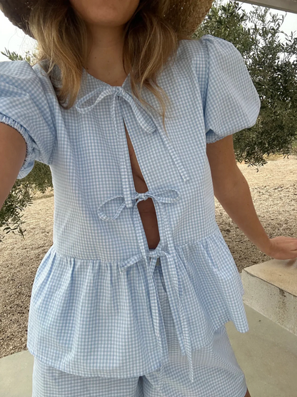 Carina - Blaues Gingham-Kurzset