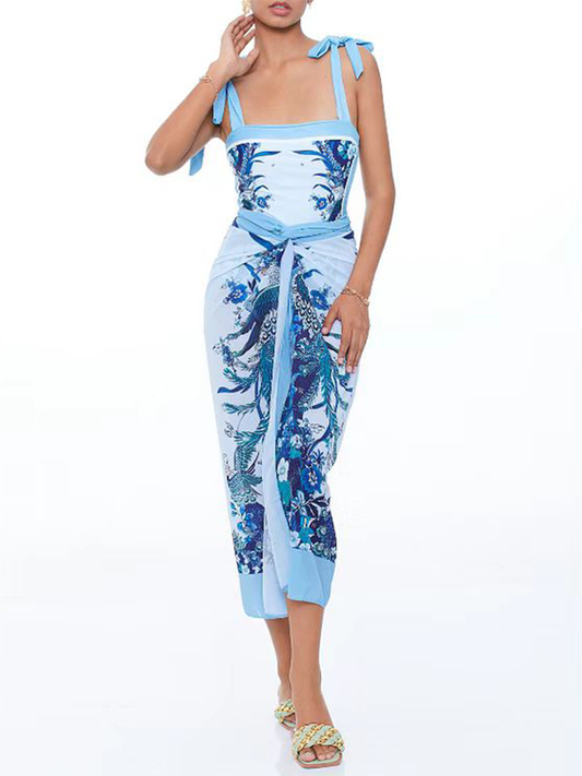 Reversibl Krawatten-Schulter Einteiler Badeanzug und Sarong /Rock Flachsmacher