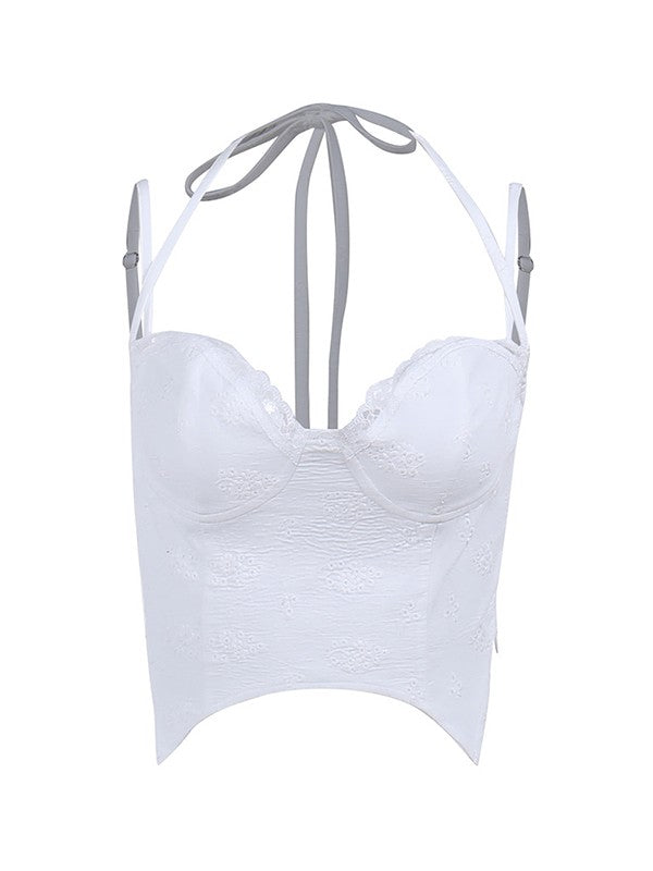 White Y2k Floral Asymmetric Corset Top