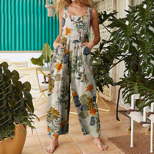 Damen Overall Im Vintage Stil Bedruckt Armellos Lang Mit Taschen
