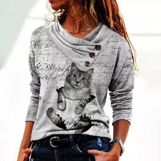 Lässige Bluse Mit Katzen-Print