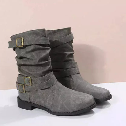 Vintage Wadenmitte-Stiefel Mit Schnalle Grau