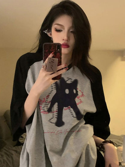 Vintage Oversize Katzen Print Raglan Kurzarm Top