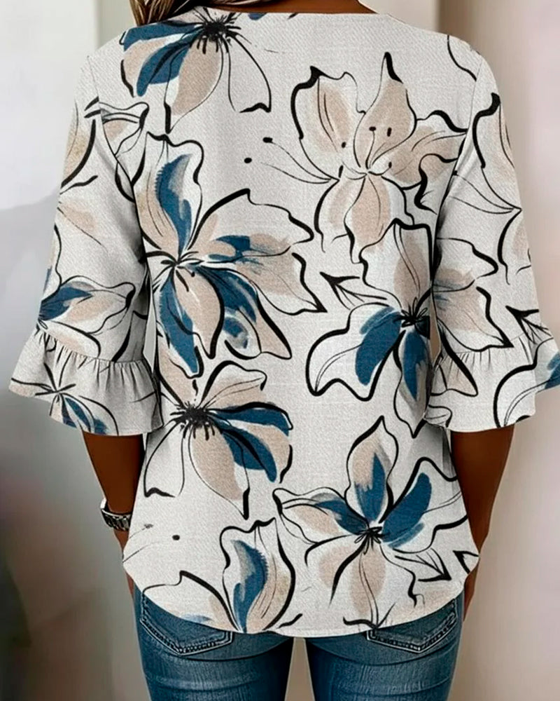 Bluse V-Ausschnitt Blumen Rüsche 3/4-Arm