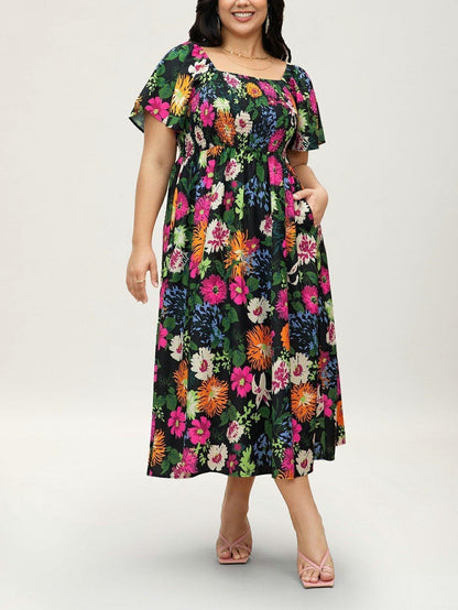 ⏰Sommer Heißer Verkauf 70% RABATT💃Geblümtes Smock-Kleid mit eckigem Ausschnitt und Taschen