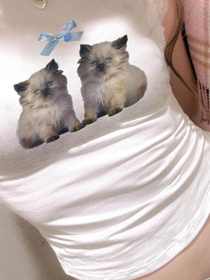 Weißes Y2K Katzen Schleifen Druck Crop Top