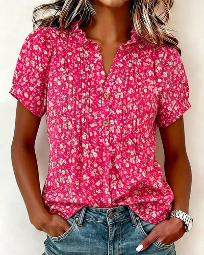 Bluse V-Ausschnitt Knopf Blumenprint