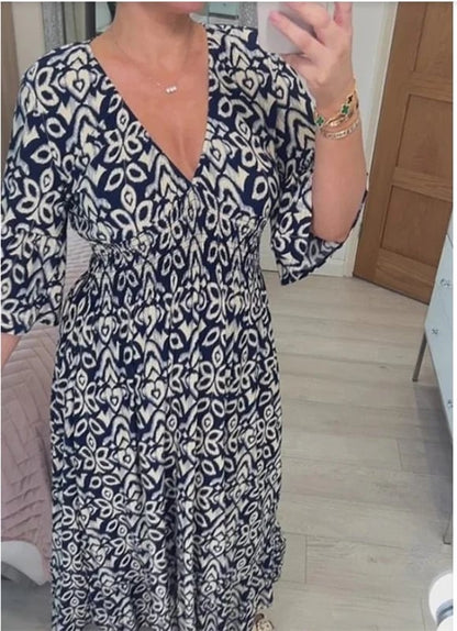 💃Heißer Ausverkauf 🔥 Kaufen Sie 2 versandkostenfrei💞Lässiges, bedrucktes langes Kleid mit V-Ausschnitt