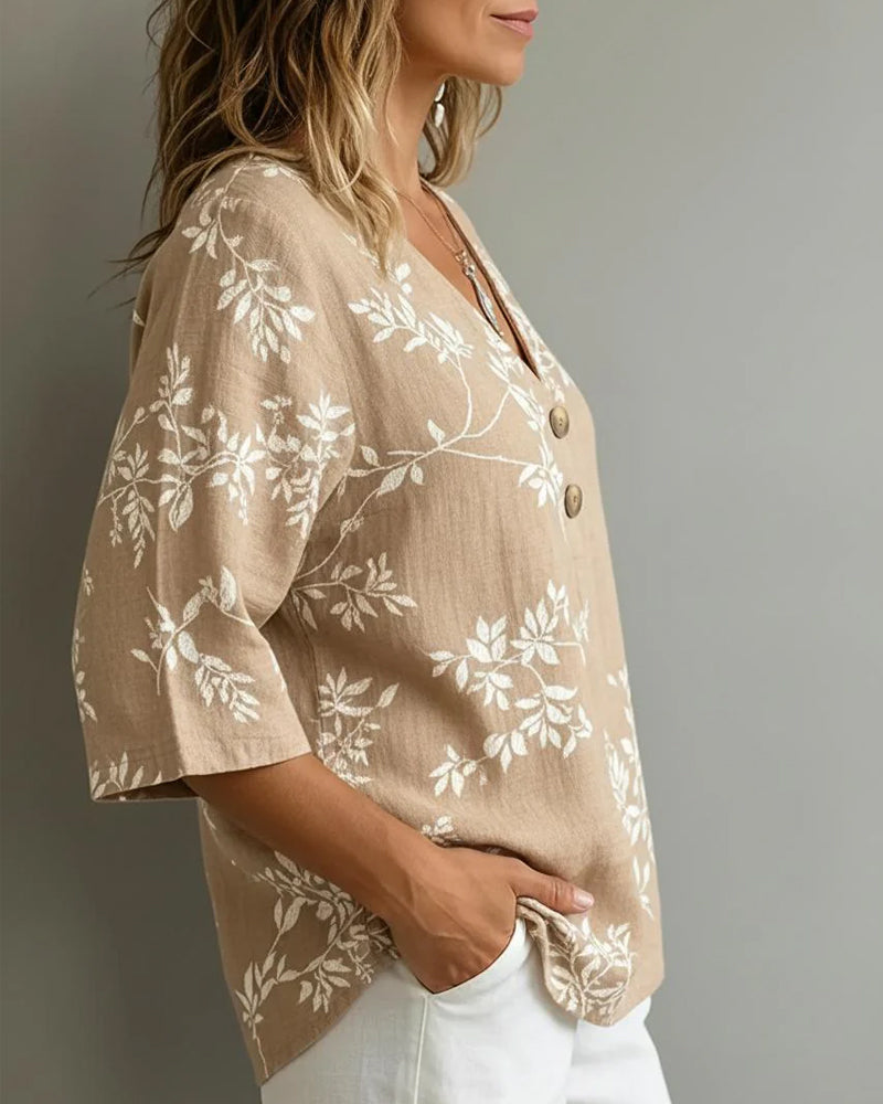 Bluse V-Ausschnitt Blattprint Halbarm