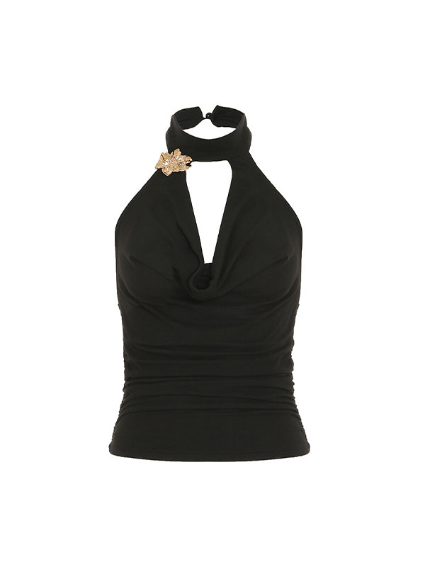 Schwarzes Y2k Metallic Blumen Haltertop