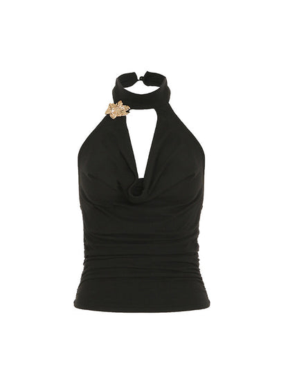 Schwarzes Y2k Metallic Blumen Haltertop