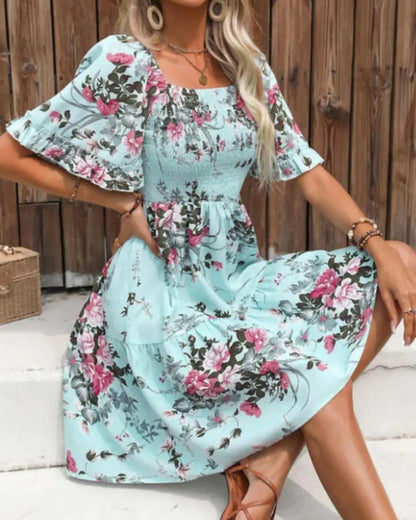 Kleid Quadratischer Ausschnitt Blumen Taille A-Linie