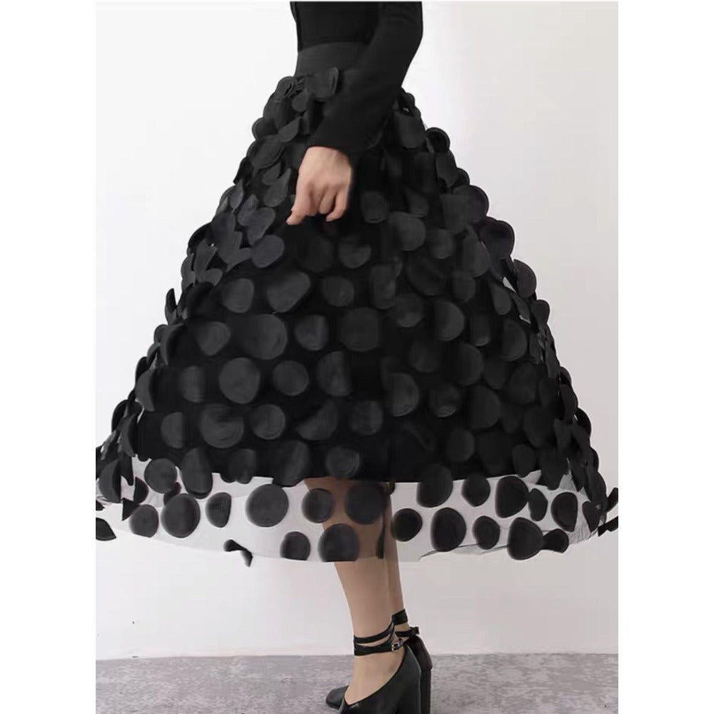 Black Polka Dot Mesh Midi Skirt for Women - Clelia