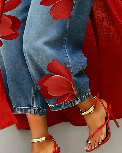 Jeans Rot Blumen Muster Kurze Weite Beine