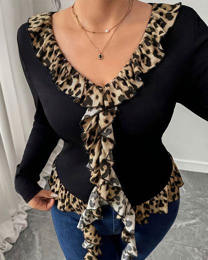 Top V-Ausschnitt Rüsche Leopard Druck