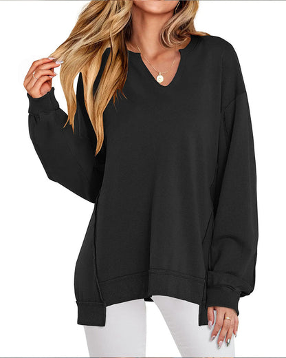 Kleiner V-Ausschnitt, Lässig Weites Langarm Sweatshirt