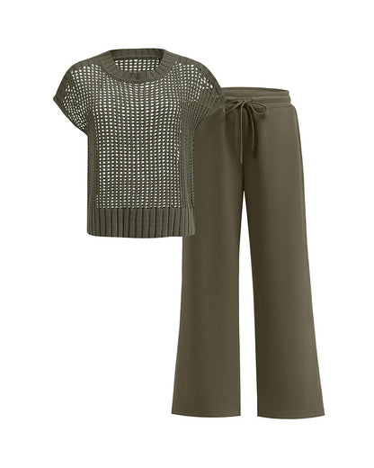 Set Rundhalsausschnitt Kurzarm Durchbrochener Pullover