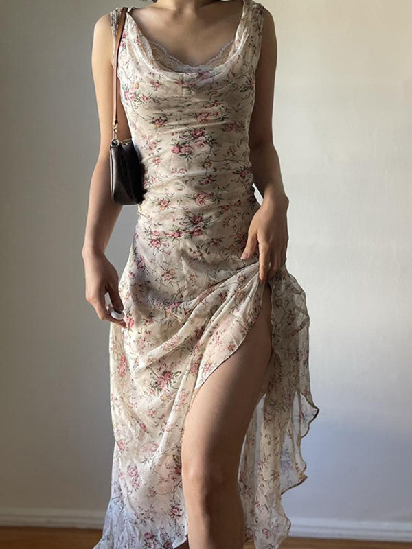 Beiges Y2k Maxikleid mit Blumenmuster und Asymmetrischem Holiday Style