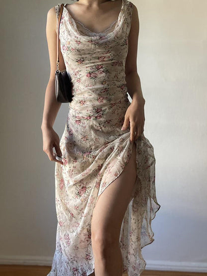 Beiges Y2k Maxikleid mit Blumenmuster und Asymmetrischem Holiday Style