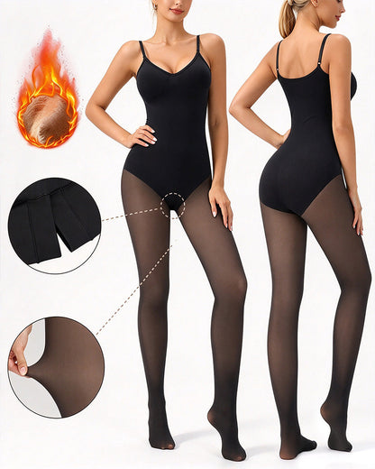 Transparentes Panel Mit Fleece-Gefütterter Strumpfhose Stay-Warm Bauchkontrolle Sheer-Effekt Strumpfhose Bodysuit Schwarz Basic