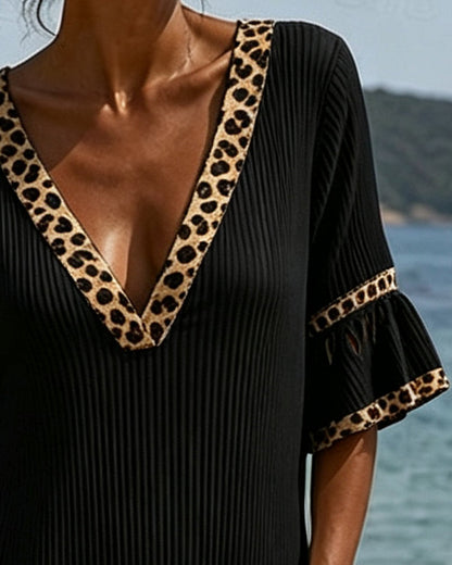 Kleid V-Ausschnitt Rüsche Leopard Patchwork