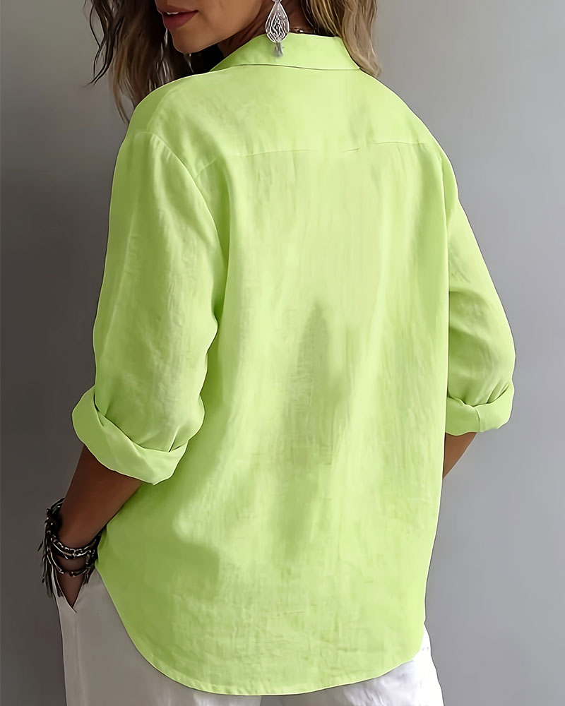 Bluse Einfarbig Revers Halbe Knopfleiste Langarm