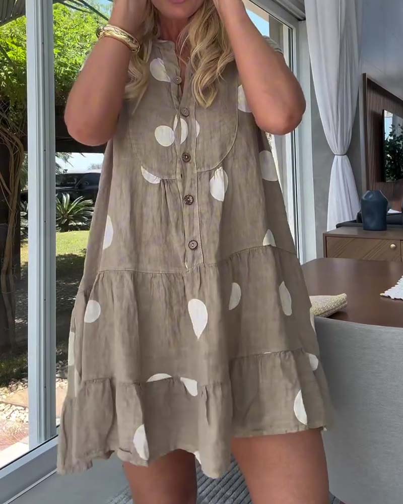 Kleid Polka Punkt Knopf Vorne A-Linie