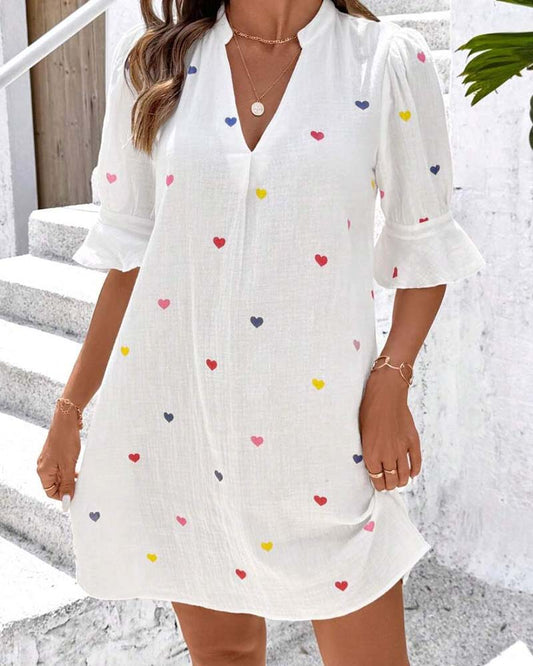 Kleid Buntes Herzprint V-Ausschnitt