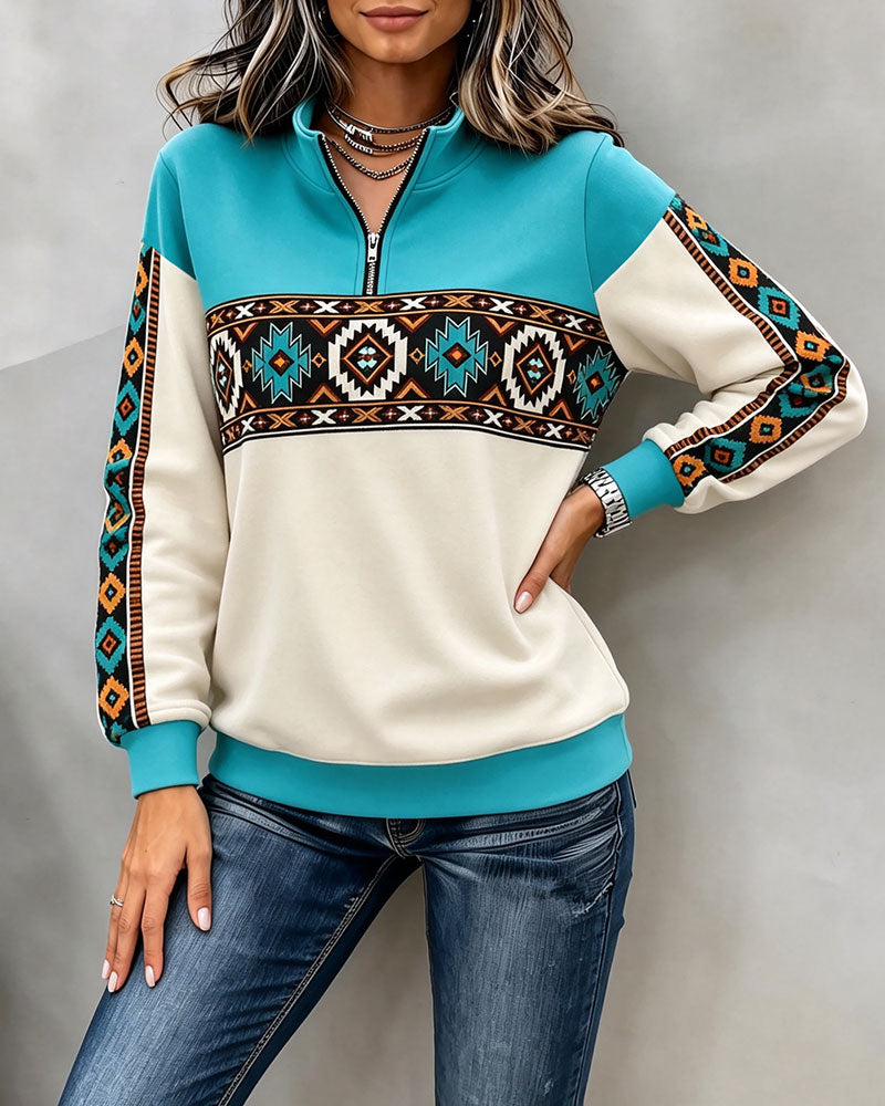 Hoodie Ethno Geometrischer Print Halbreißverschluss Mandarin-Kragen