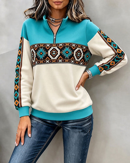 Hoodie Ethno Geometrischer Print Halbreißverschluss Mandarin-Kragen